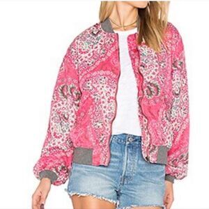 Free People Paisley Print Floral Bomber Jacket Pink Size L